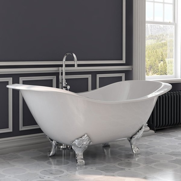 Cambridge Plumbing Cast iron double slipper soaking tub w/lion’s paw feet, faucet 150 Polished Chrome 72" DES-150-PKG-CP-NH